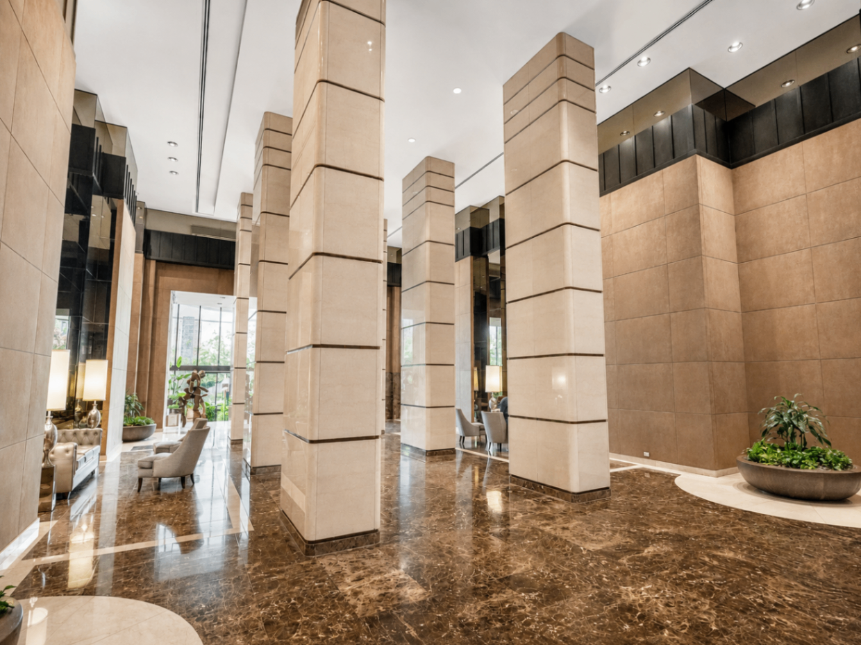 Grand lobby interior with marble floors at The Corinthian